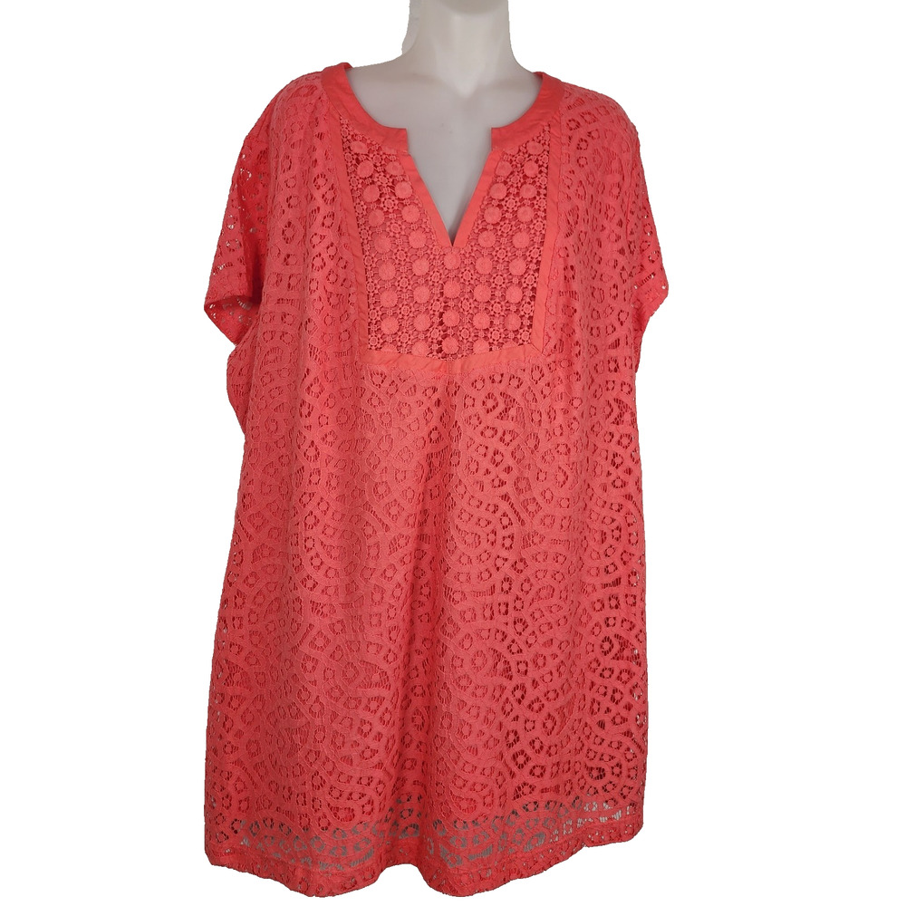 Isaac Mizrahi Live! Short Sleeve Mixed Lace Tunic Top 2X Coral V Neck Lined Slit